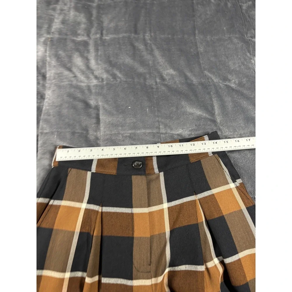 STAUD Brown Black Plaid Wide Leg Wool Blend Pleated High Rise Trousers Pants - Picture 4 of 15